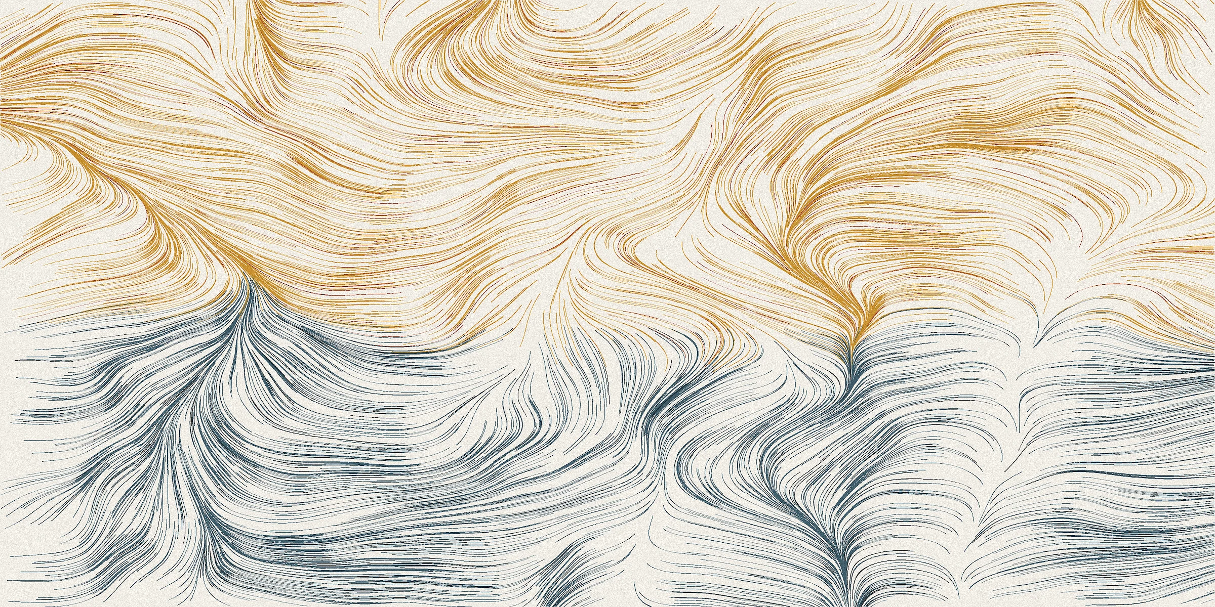 Tide Line, wide: ochre strokes over blue-grey ones, like wind over water